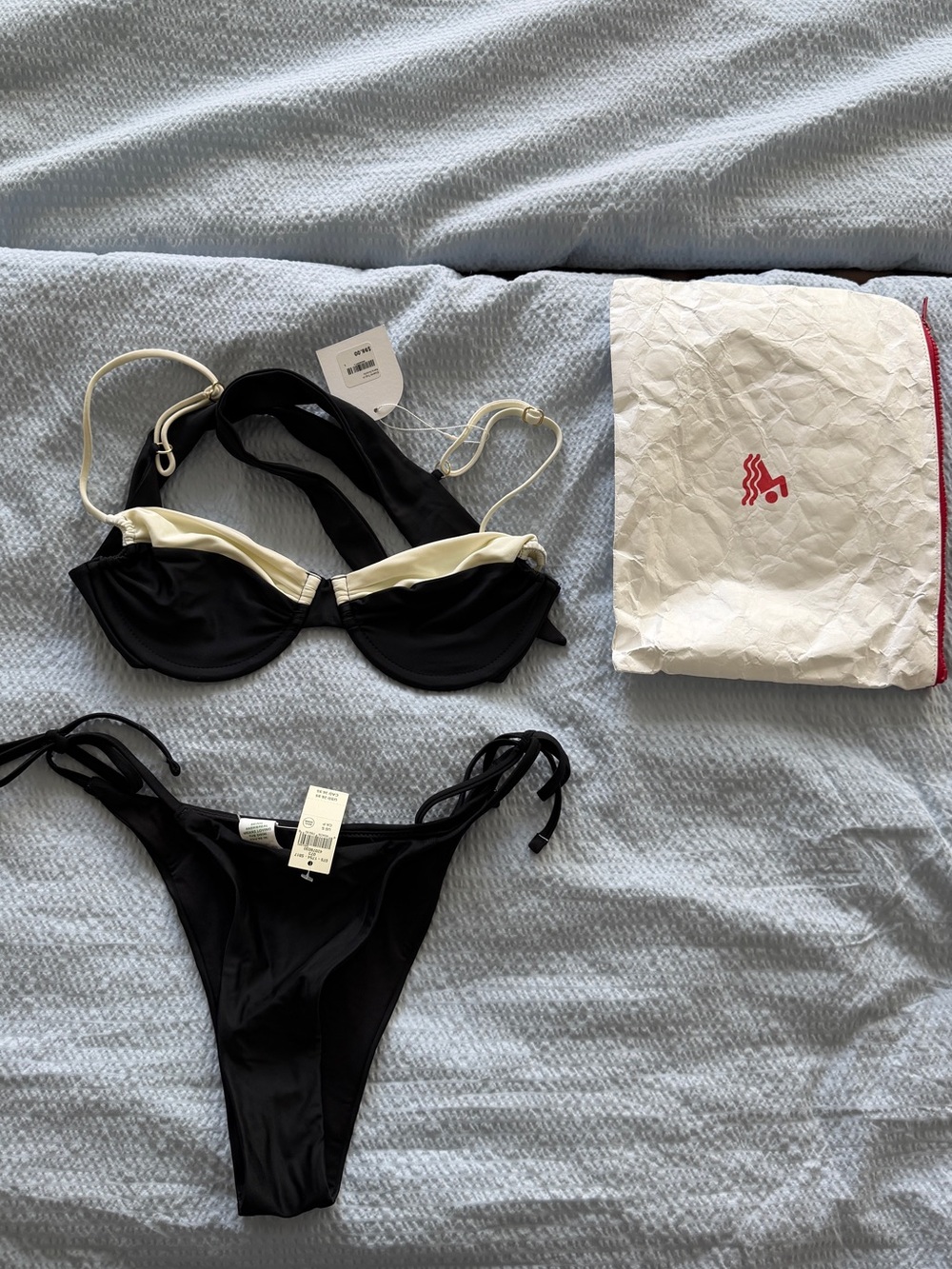 Women’s Black Bikini Set with Cream Trim — Underwire Top & Tie-Side Bottoms